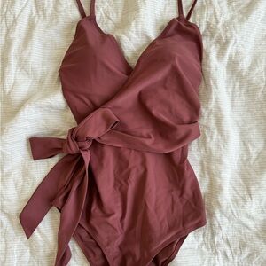 Wrap front one piece swimsuit in pink brown